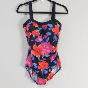 Maxine of Hollywood Black One-Piece Swimsuit with Pink & Orange Floral Print